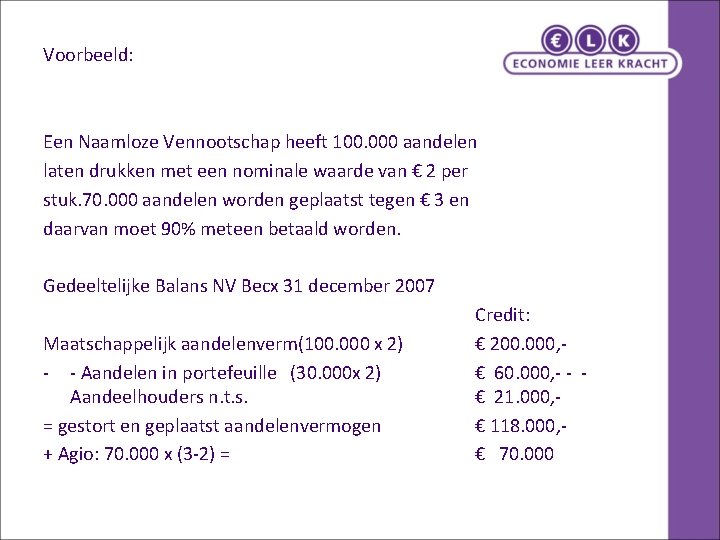 Voorbeeld: Een Naamloze Vennootschap heeft 100. 000 aandelen laten drukken met een nominale waarde