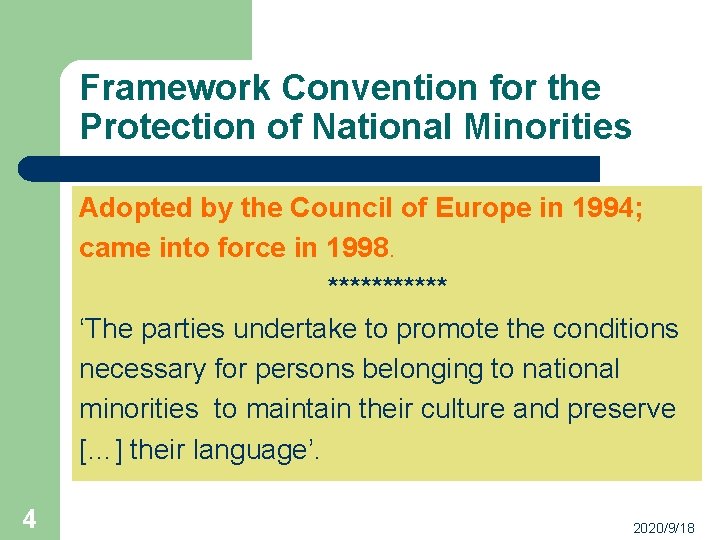 Framework Convention for the Protection of National Minorities Adopted by the Council of Europe