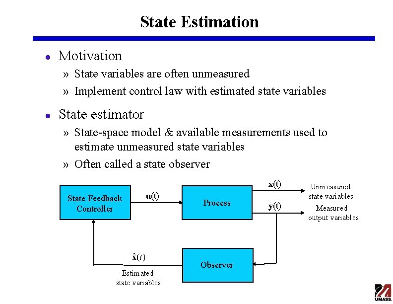 State Estimation l Motivation » State variables are often unmeasured » Implement control law