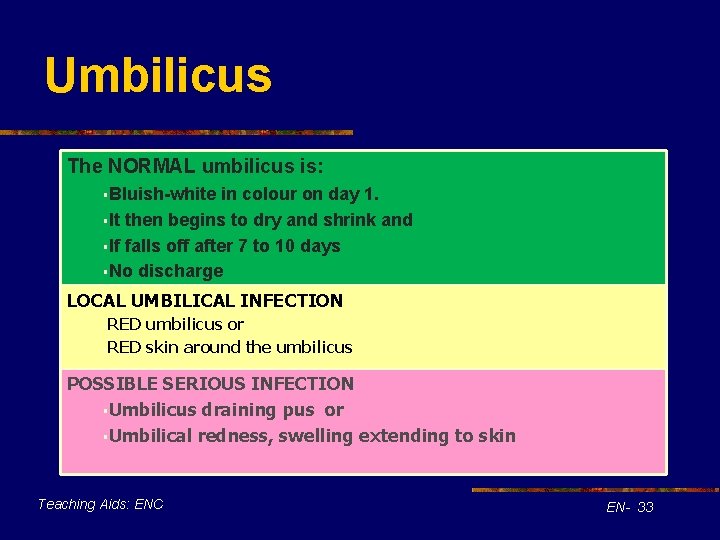 Umbilicus The NORMAL umbilicus is: §Bluish-white in colour on day 1. §It then begins