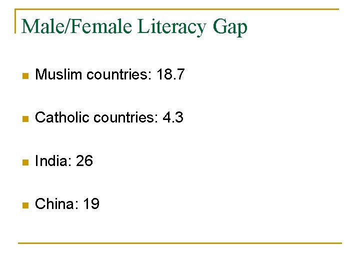 Male/Female Literacy Gap n Muslim countries: 18. 7 n Catholic countries: 4. 3 n