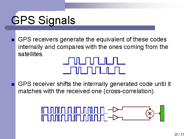 GPS Signals n GPS receivers generate the equivalent of these codes internally and compares