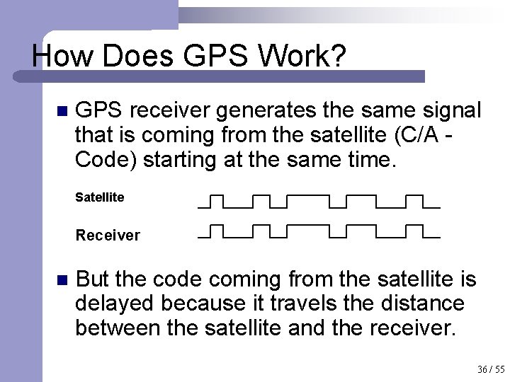 How Does GPS Work? n GPS receiver generates the same signal that is coming