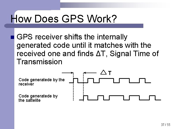 How Does GPS Work? n GPS receiver shifts the internally generated code until it