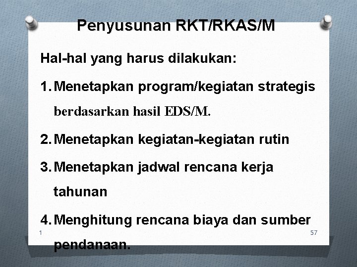 Penyusunan RKT/RKAS/M Hal-hal yang harus dilakukan: 1. Menetapkan program/kegiatan strategis berdasarkan hasil EDS/M. 2.