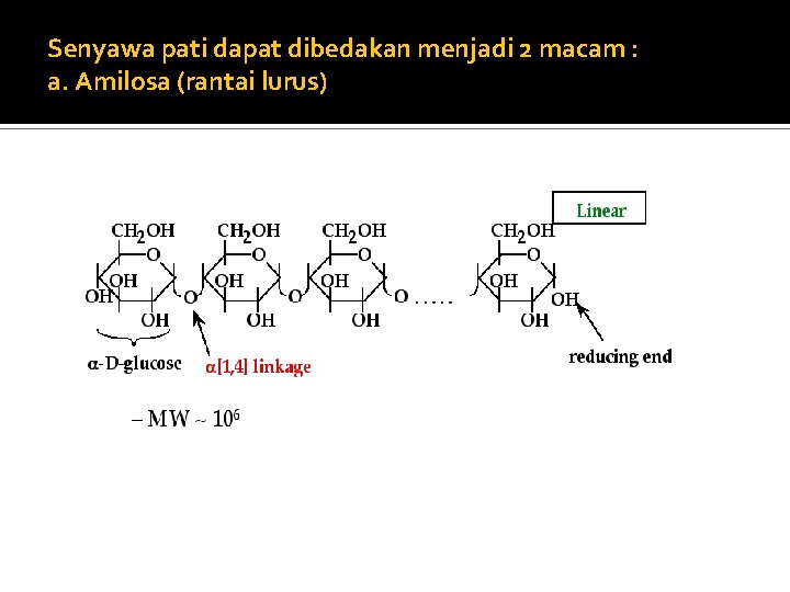 Senyawa pati dapat dibedakan menjadi 2 macam : a. Amilosa (rantai lurus) 