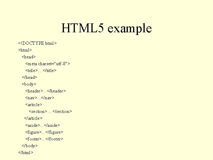 HTML 5 example <!DOCTYPE html> <head> <meta charset="utf-8"> <title>…</title> </head> <body> <header>. . .
