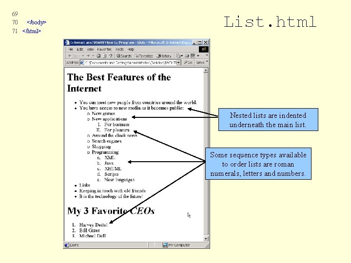 69 70 </body> 71 </html> List. html Nested lists are indented underneath the main