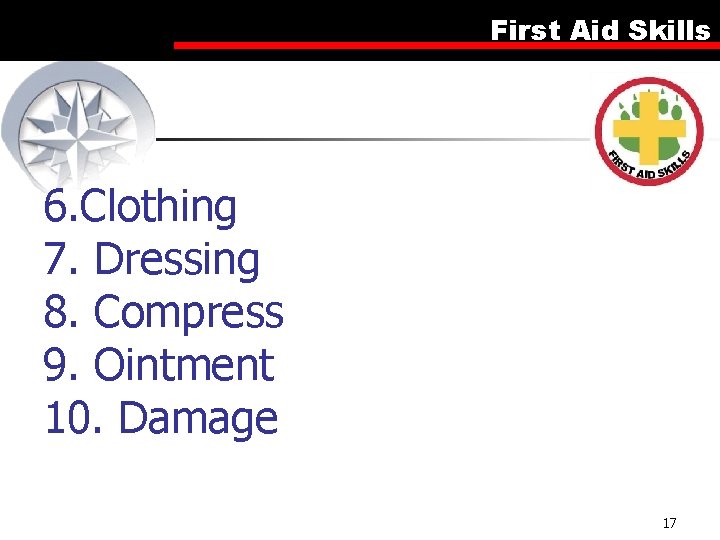 First Aid Skills 6. Clothing 7. Dressing 8. Compress 9. Ointment 10. Damage 17