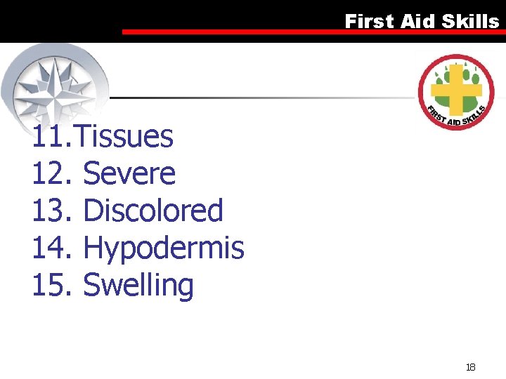 First Aid Skills 11. Tissues 12. Severe 13. Discolored 14. Hypodermis 15. Swelling 18 First Aid Skills 11. Tissues 12. Severe 13. Discolored 14. Hypodermis 15. Swelling 18