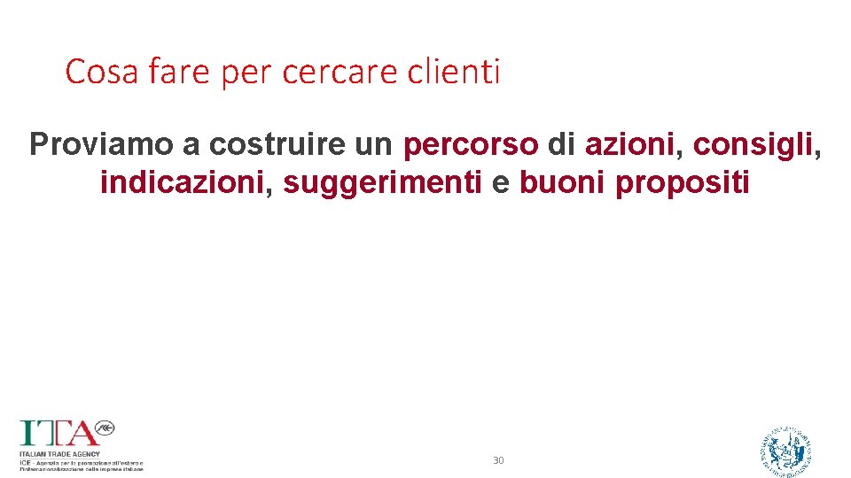 Cosa fare per cercare clienti Proviamo a costruire un percorso di azioni, consigli, indicazioni,