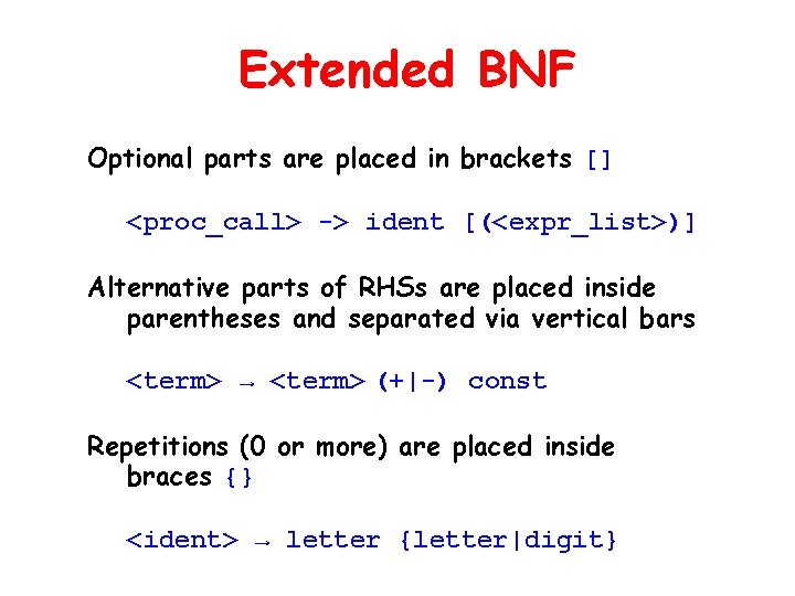 Extended BNF Optional parts are placed in brackets [] <proc_call> -> ident [(<expr_list>)] Alternative