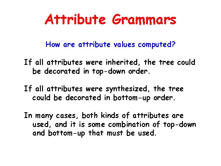 Attribute Grammars How are attribute values computed? If all attributes were inherited, the tree