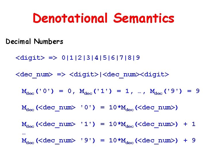 Denotational Semantics Decimal Numbers <digit> => 0|1|2|3|4|5|6|7|8|9 <dec_num> => <digit>|<dec_num><digit> Mdec('0') = 0, Mdec('1')