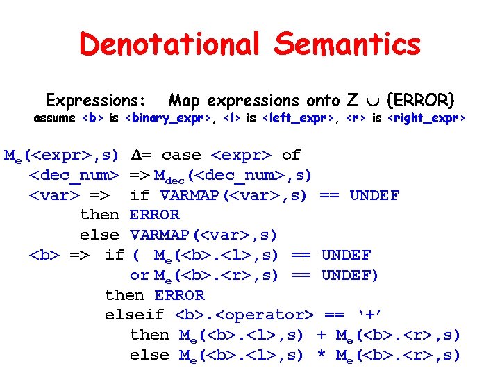 Denotational Semantics Expressions: Map expressions onto Z {ERROR} assume <b> is <binary_expr>, <l> is