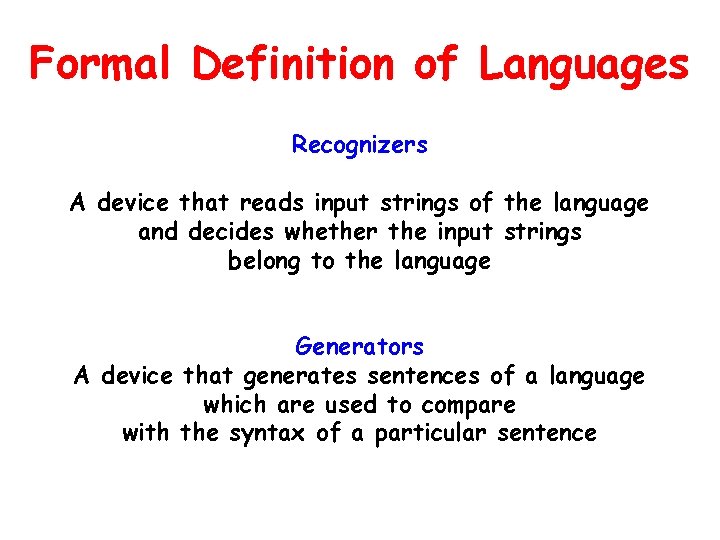 Formal Definition of Languages Recognizers A device that reads input strings of the language