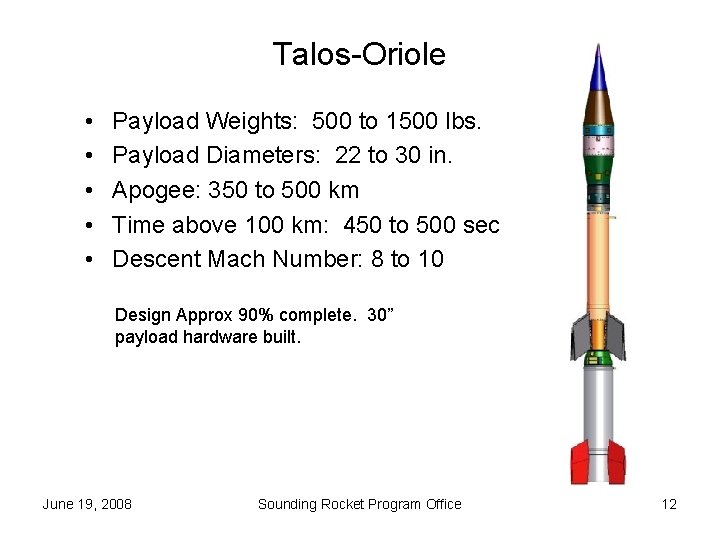 Talos-Oriole • • • Payload Weights: 500 to 1500 lbs. Payload Diameters: 22 to