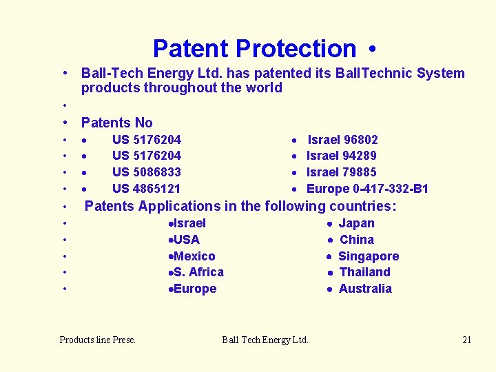 Patent Protection • • Ball-Tech Energy Ltd. has patented its Ball. Technic System products
