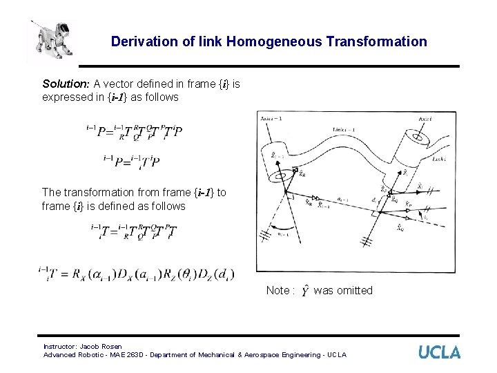 Derivation of link Homogeneous Transformation Solution: A vector defined in frame {i} is expressed