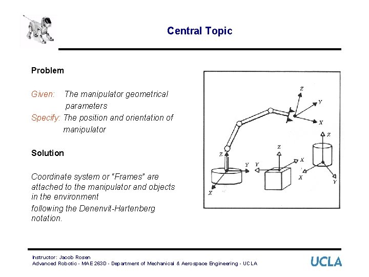 Central Topic Problem Given: The manipulator geometrical parameters Specify: The position and orientation of