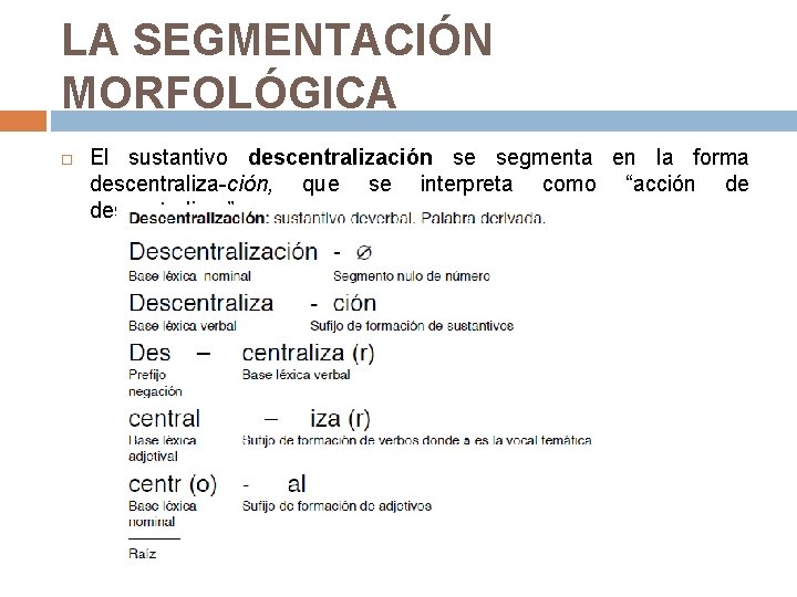 LA SEGMENTACIÓN MORFOLÓGICA El sustantivo descentralización se segmenta en la forma descentraliza-ción, que se