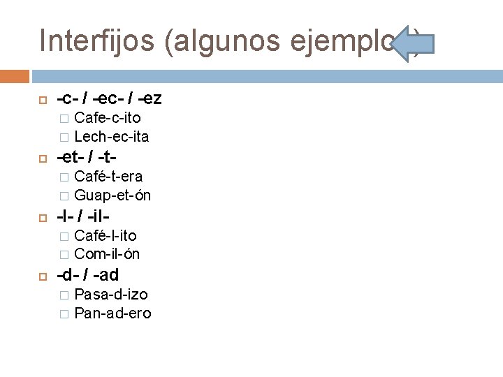 Interfijos (algunos ejemplos) -c- / -ez Cafe-c-ito � Lech-ec-ita � -et- / -t. Café-t-era