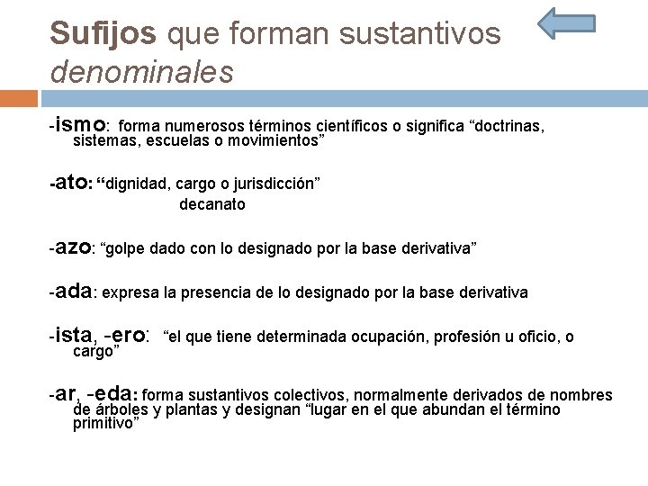 Sufijos que forman sustantivos denominales -ismo: forma numerosos términos científicos o significa “doctrinas, sistemas,