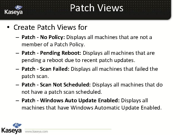 Patch Views • Create Patch Views for – Patch - No Policy: Displays all