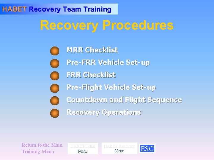 HABET Recovery Team Training Recovery Procedures MRR Checklist Pre-FRR Vehicle Set-up FRR Checklist Pre-Flight