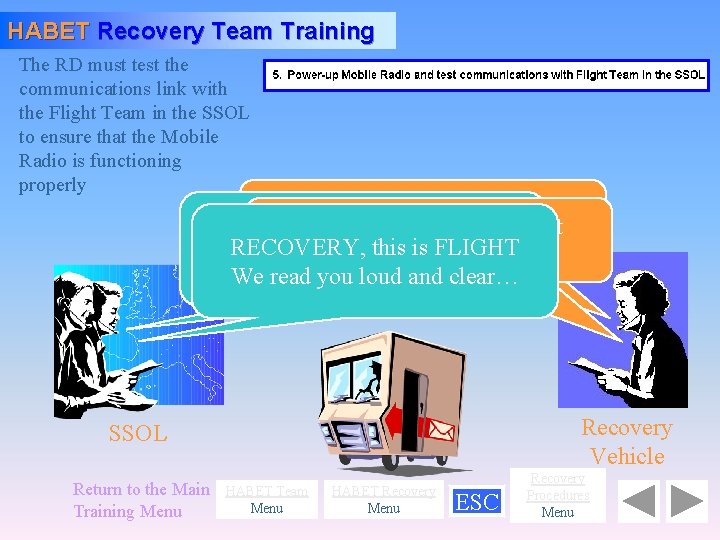 HABET Recovery Team Training The RD must test the communications link with the Flight