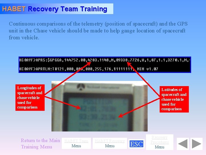 HABET Recovery Team Training Continuous comparisons of the telemetry (position of spacecraft) and the