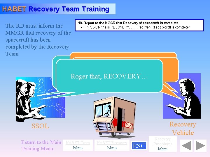 HABET Recovery Team Training The RD must inform the MMGR that recovery of the