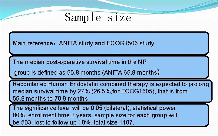 Sample size Main reference：ANITA study and ECOG 1505 study The median post-operative survival time
