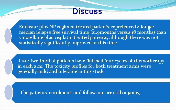 Discuss Endostar plus NP regimen treated patients experienced a longer median relapse free survival