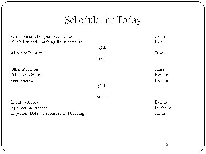 Schedule for Today Welcome and Program Overview Eligibility and Matching Requirements Anna Ron Q/A
