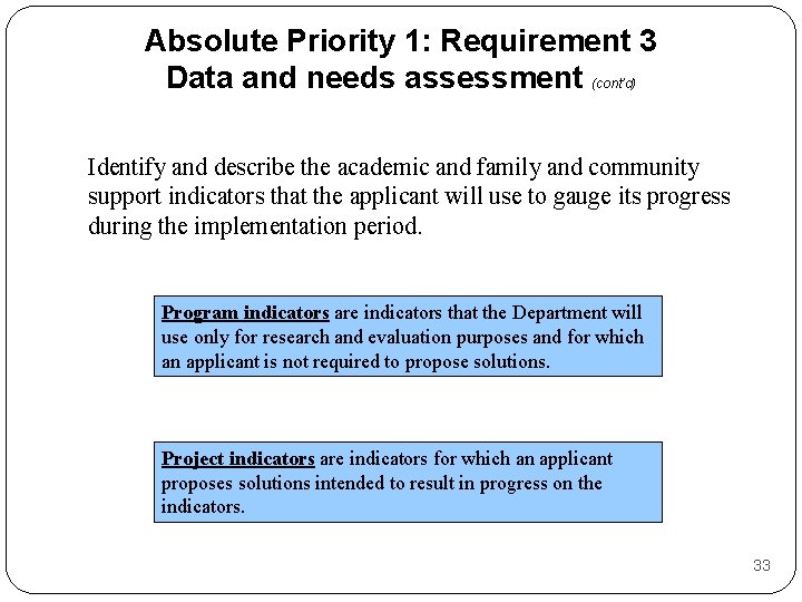 Absolute Priority 1: Requirement 3 Data and needs assessment (cont’d) Identify and describe the