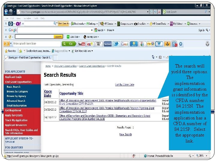 The search will yield three options. The implementation grant information is identified by the