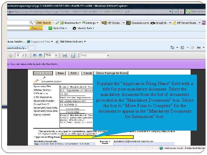 Populate the “Application Filing Name” field with a title for your mandatory document. Select