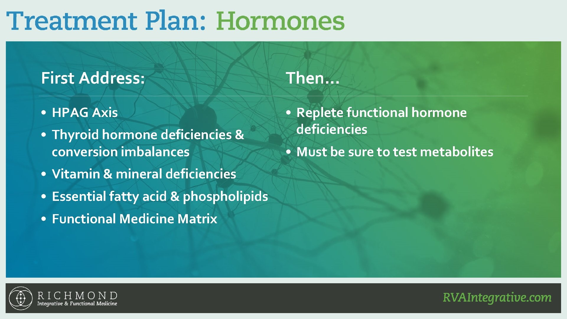 First Address: Then… • HPAG Axis • Replete functional hormone deficiencies • Thyroid hormone