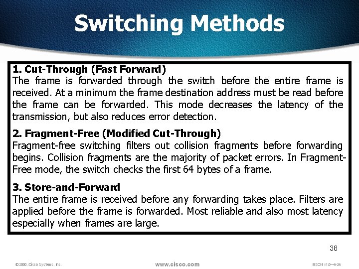 Switching Methods 1. Cut-Through (Fast Forward) The frame is forwarded through the switch before