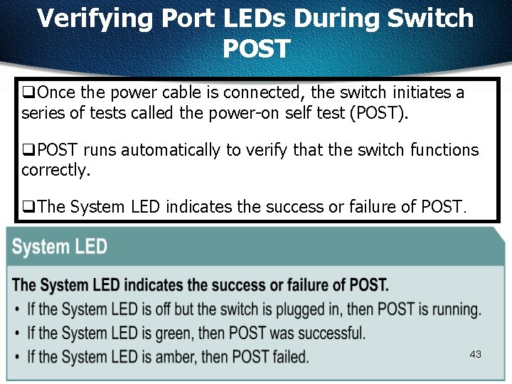 Verifying Port LEDs During Switch POST q. Once the power cable is connected, the