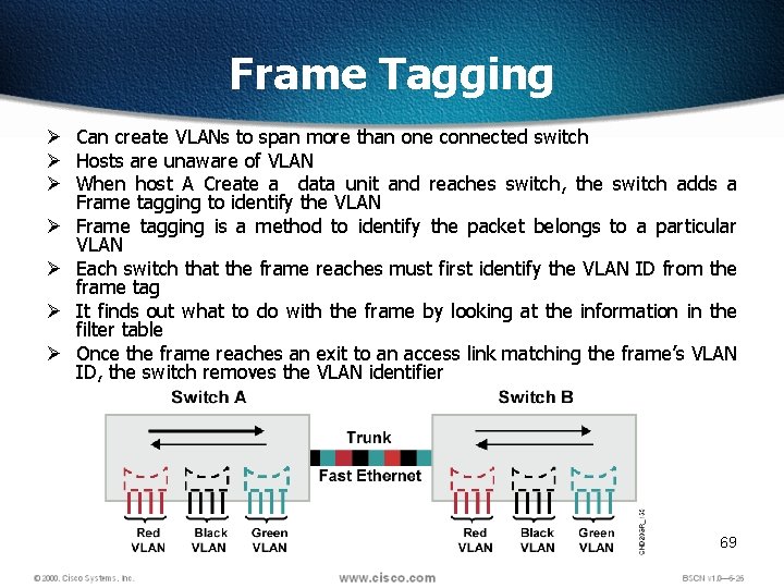 Frame Tagging Ø Can create VLANs to span more than one connected switch Ø