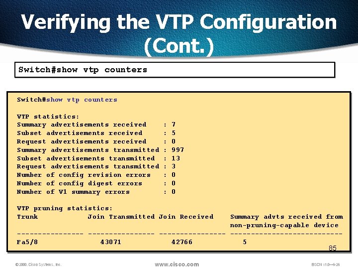 Verifying the VTP Configuration (Cont. ) Switch#show vtp counters VTP statistics: Summary advertisements received