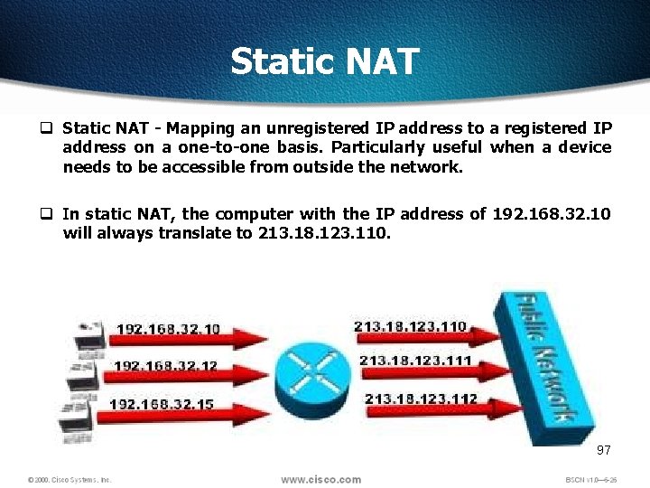 Static NAT q Static NAT - Mapping an unregistered IP address to a registered