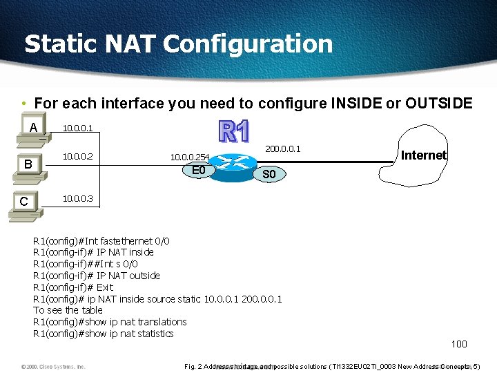 Static NAT Configuration • For each interface you need to configure INSIDE or OUTSIDE