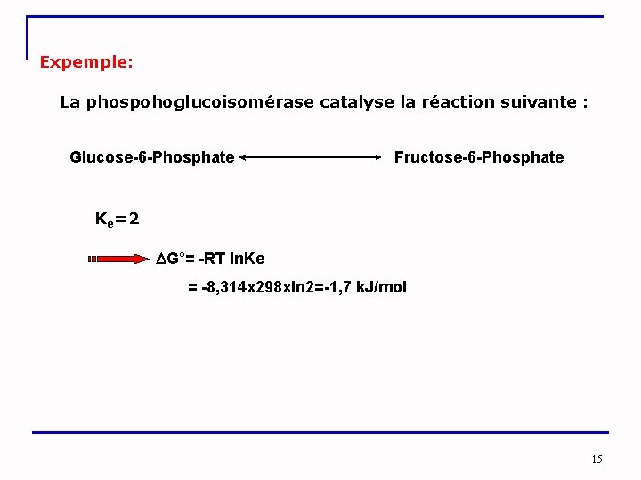 Expemple: La phospohoglucoisomérase catalyse la réaction suivante : Glucose-6 -Phosphate Fructose-6 -Phosphate Ke=2 G°=