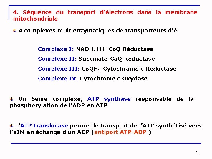 4. Séquence du transport d’électrons dans la membrane mitochondriale 4 complexes multienzymatiques de transporteurs