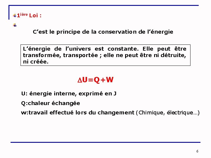1 ière Loi : C’est le principe de la conservation de l’énergie L’énergie de
