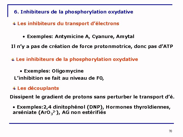 6. Inhibiteurs de la phosphorylation oxydative Les inhibiteurs du transport d’électrons • Exemples: Antymicine