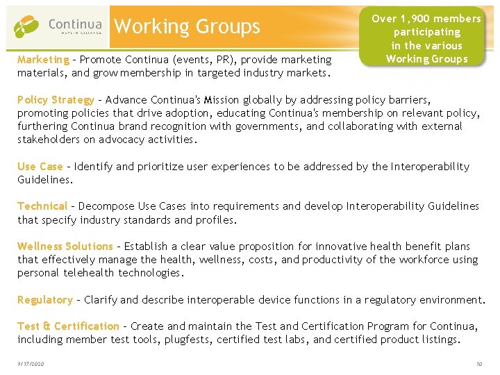 Working Groups Marketing – Promote Continua (events, PR), provide marketing materials, and grow membership